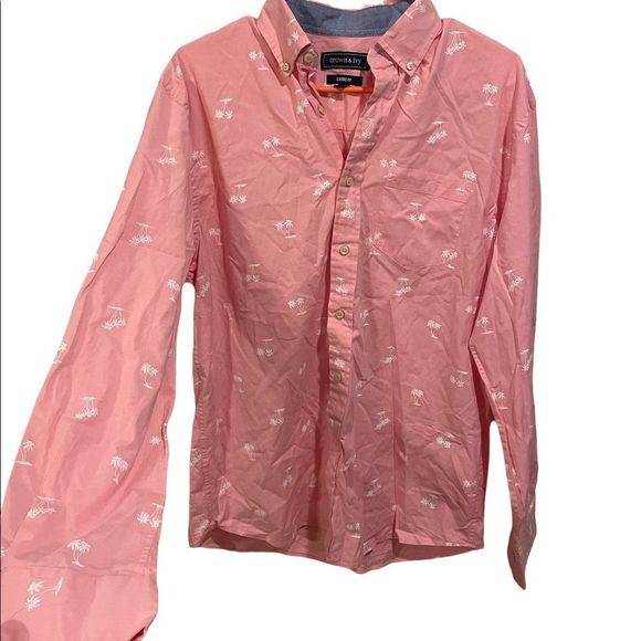 Crown & Ivy Men’s Classic Fit Pink & White Palm Tree Long Sleeve Button Up Shirt - Picture 1 of 6